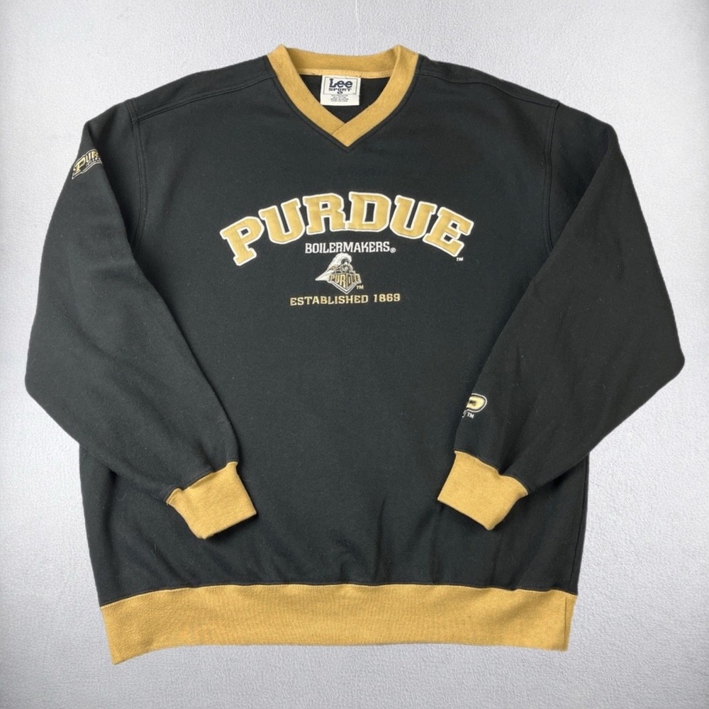 Vintage Purdue Boilermakers Sweatshirt Mens Large Black Lee Sport V-Neck NCAA